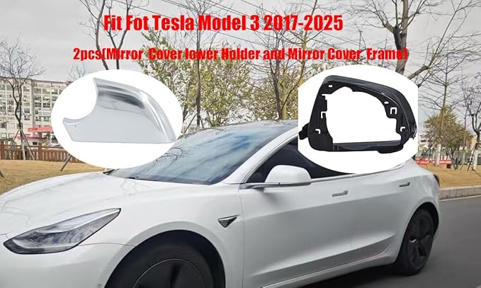 Fits For Tesla Model 3 Left Driver Side Wing Mirror Cover and Mirror Frame Set Rearview Lower Holder Tray Cap Housing 2017-2020(left side chrome)