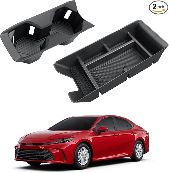 ECOZEN 2026 Camry Center Console Organizer - 2 Pcs Center Console Storage Tray & TPE Cup Holder Insert for 2025-2026 Toyota Camry(LE/SE/XLE/XSE) Accessories - ABS Armrest Box Organizer