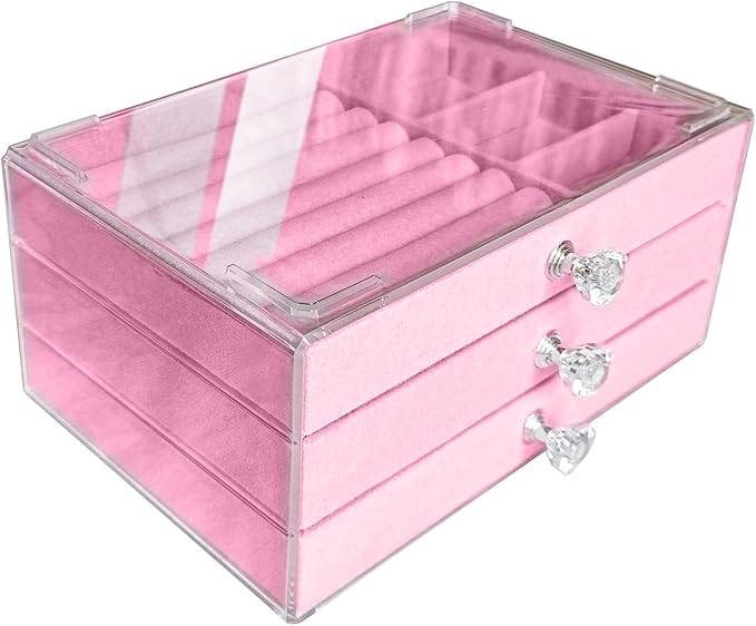 Clear Acrylic Velvet Jewelry Organizer with 3 Drawers, Stackable Display Storage Earrings Necklace Rings Bracelets Box Holder