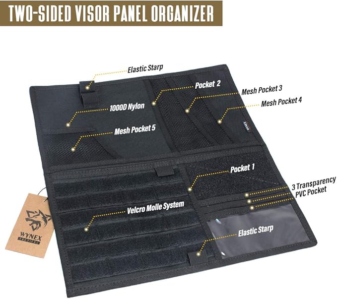 WYNEX Car Sun Visor Organizer with Double-Sided Folding MOLLE Panel, Auto Sun Visor Storage for Essentials & Tactical Gear, Compatible with Cars, Pickup, Trucks, Vans, SUVs