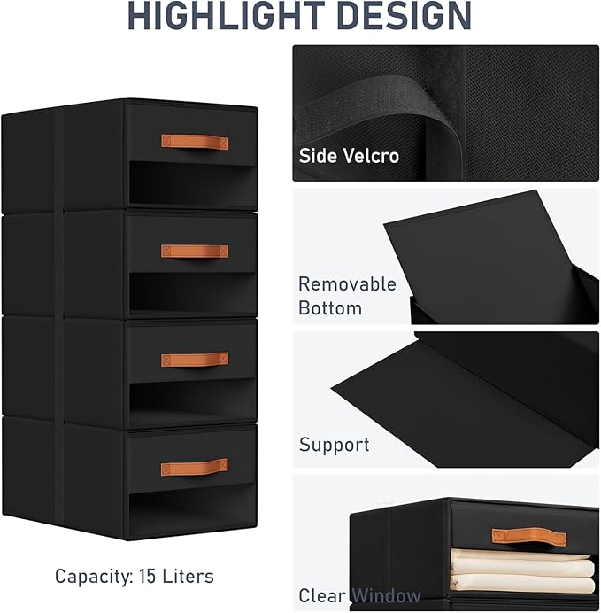 DIMJ Closet Organizers and Storage - Fabric Bins with Drawers for Closet Foldable Clothes Organizers with Clear Window, Stack