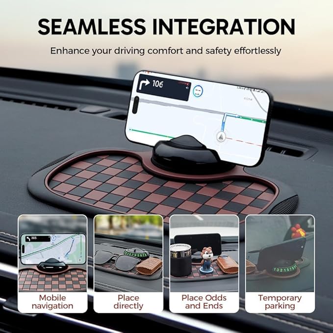 Multifunction Car Anti Slip Mat, 360° Rotatable Phone Holder Dashboard Pad with Temporary Parking Number Rotatable Car Anti S