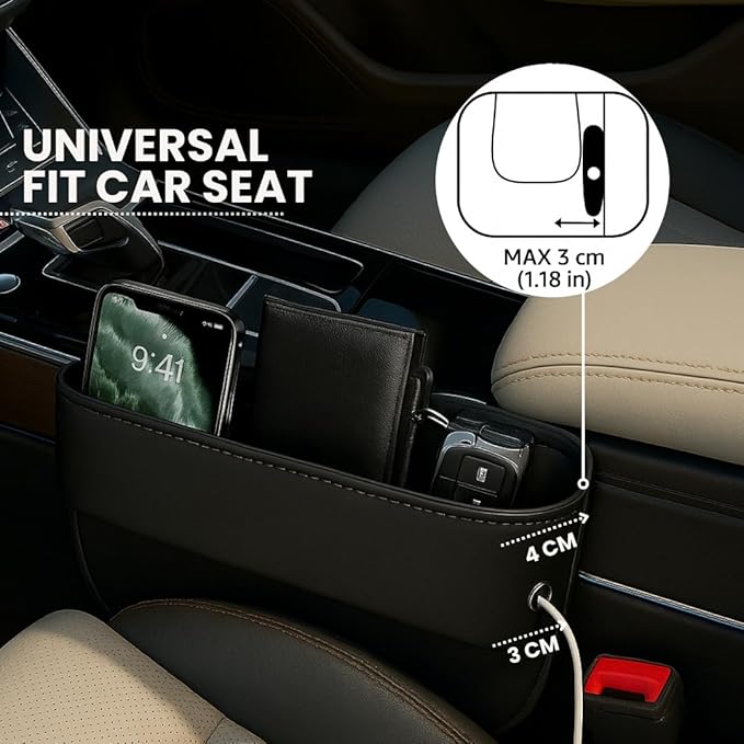 AC4®️ Universal Car Seat Gap Filler Organizer | Premium PU Leather Storage for Car, SUV & Trucks | Car Pocket Organizer for front seat, Cable Slots, Wallet, Sunglasses & Essentials.