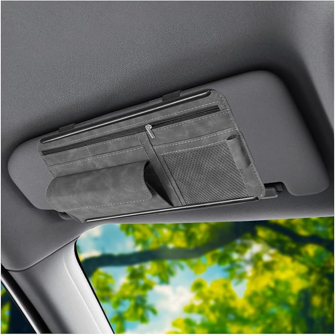 Car Sun Visor Organizer, Leather Multi-Pocket Glasses Card Holder with Zipper, Waterproof Scratch-Resistant Sunshade Storage Bag, Universal Auto Interior Accessory for Car/Truck/SUV (Grey)