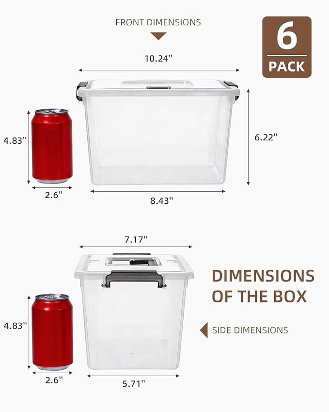 Citylife 6 Packs 6 QT Plastic Storage Bins with Latching Lids Clear Storage Box with handle Stackable Storage Containers for 