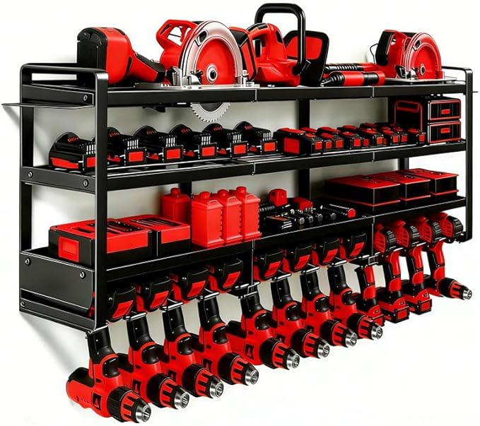 50" W Large Power Tool Organizer Wall Mount, Load 600lbs, 4 Layer Heavy Duty 12 Cordless Drills Holder, Battery Tool Storage 