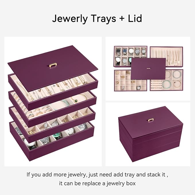 Voova Stackable Jewelry Organizer Tray with Lid, PU Leather Jewelry Storage Holder for Drawer Inserts, Jewellery Display Box 