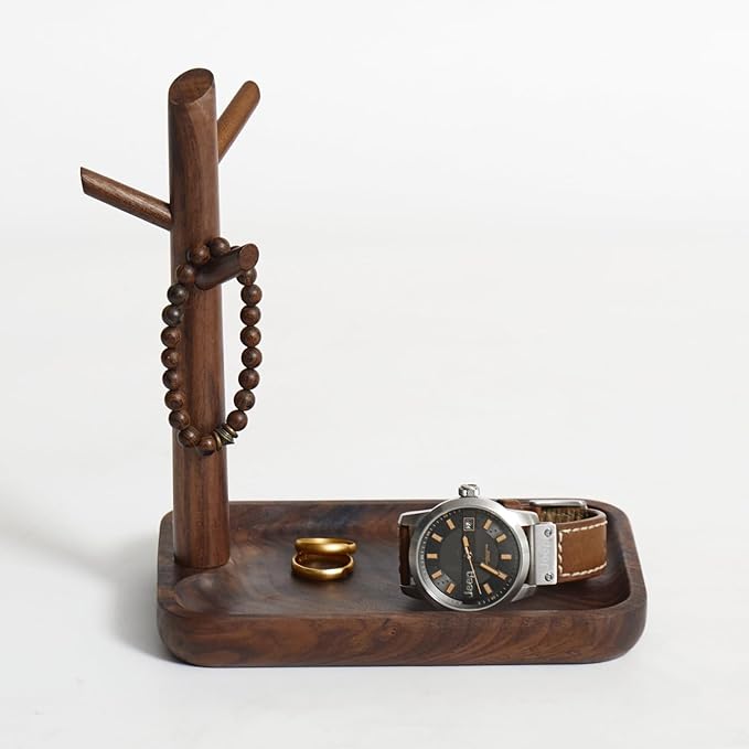 Black Walnut Solid Wood Key Dish Bowl for Entryway Table Square Tray With 3 Hooks, Open Storage for Keys, Wallet, Jewelry (Wa