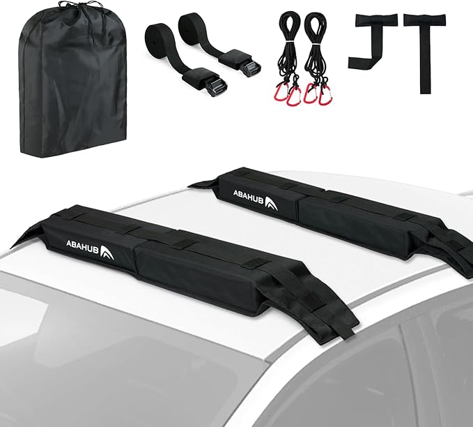 Abahub Car Soft Roof Rack Pads for Kayak,Canon,Surfboard,SUP Include 2 Tie Down Rope, 2 Quick Loop Strap, 2 Heavy Duty Tie Down Straps and a Storage Bag(Black)