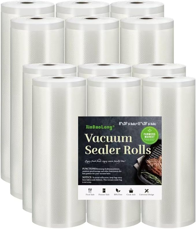 Vacuum Sealer Bags For Food: 12 Pack 6 Rolls 11"x20' + 6 Rolls 8"x20' Commercial Grade BPA Free Bag Rolls Durable Customized 