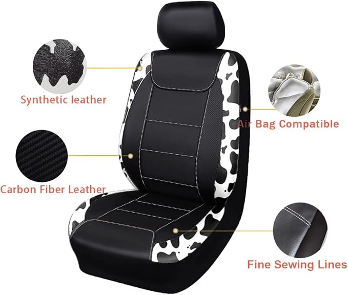 Flying Banner car seat Covers Protects Water Proof Faux Leather Carbon Fiber Front and Rear Bench (Cow Black, Full Set - 8PCS
