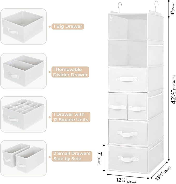 GRANNY SAYS Hanging Closet Organizer and Storage, 6 Shelf Clothes Organization with Drawers, 6 Side Pockets Closet Hanging Sh