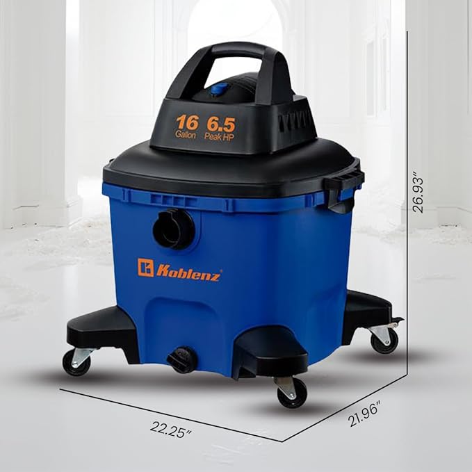 Koblenz Wet Dry Vacuum Cleaner, Large 16.0 Gallon Tank, 6.5 HP Powerful Vacuum for Dry and Wet Messes, Vacuum Cleaner and Blo
