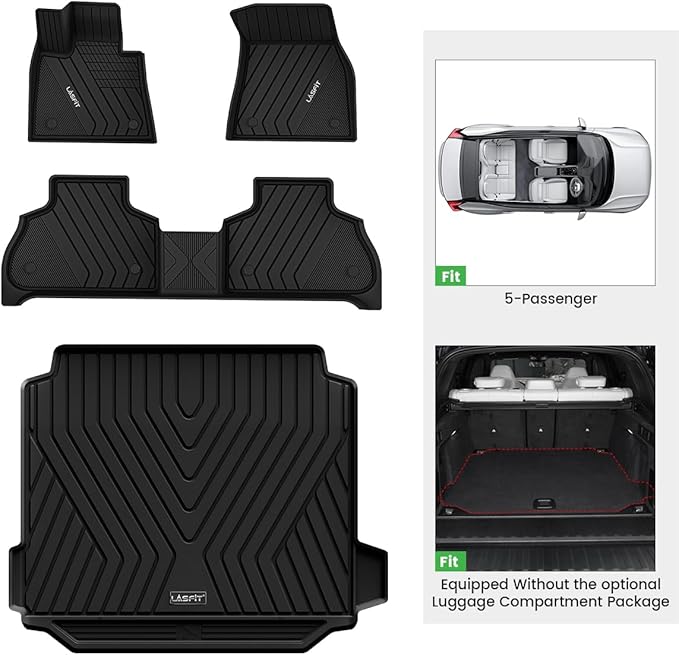 LASFIT Floor Mats&Trunk Mat Fit for BMW X5 2019-2024 2025 2026 40i/45e/50e/50i/M/M50i/M60i, All Weather TPE Custom Fit 1st&2nd Row Full Set Car Mats & Cargo Liner(Only for 5 Passengers), Black