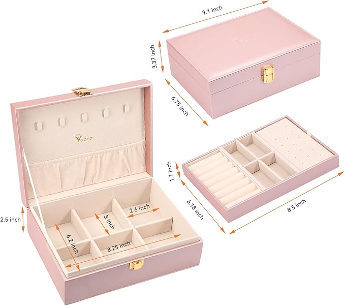 Voova Jewelry Box Organizer for Women Girls, 2 Layer Large Men Jewelry Storage Case, PU Leather Display Jewellery Holder with