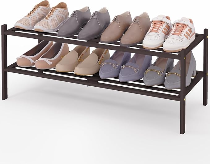Smiry Long Bamboo Shoe Rack 2-Tier, Stackable Wooden Shoe Organizer for Entryway & Closet, Free Standing Wood Shoe Storage Sh