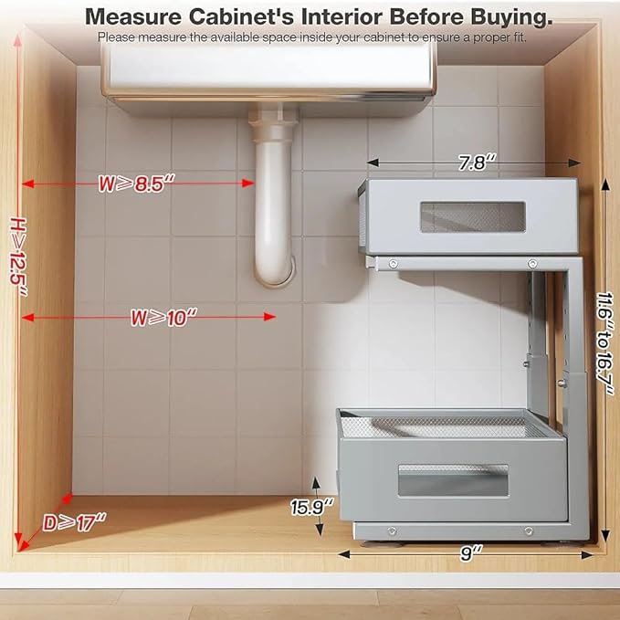 Under Sink Organizer,2-Tier Dual Pull Out Cabinet Organizer Drawers With Smooth Circular Rail,Large Capacity Metal Mesh Slidi