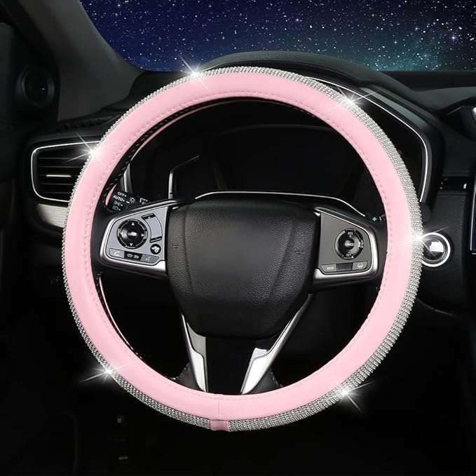 Steering Wheel Cover Women Pink Bling Diamond Steering Wheel Cover, Leather Cute Steering Wheel Covers with Crystal Rhinestones, Breathable, Anti-Slip Universal Fit 14.5-15 Inch Bling Car Accessories