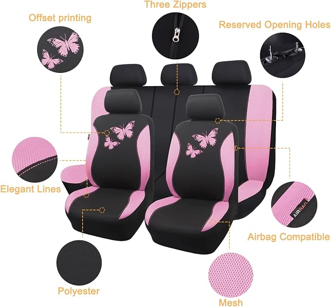 Flying Banner Butterfly car seat Covers ful Set Fashion Universal Lady Woman Female Rear Bench Split Colorized (Pink Black, F