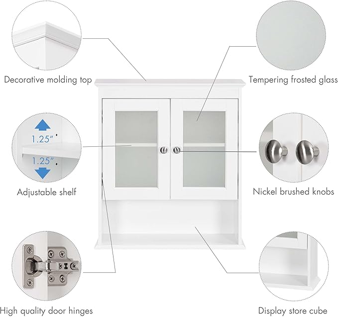 Spirich Bathroom Cabinet Wall Mounted, Medicine Cabinet Organizer with Glass Doors and Adjustable Shelves, Bathroom Wall Cabi