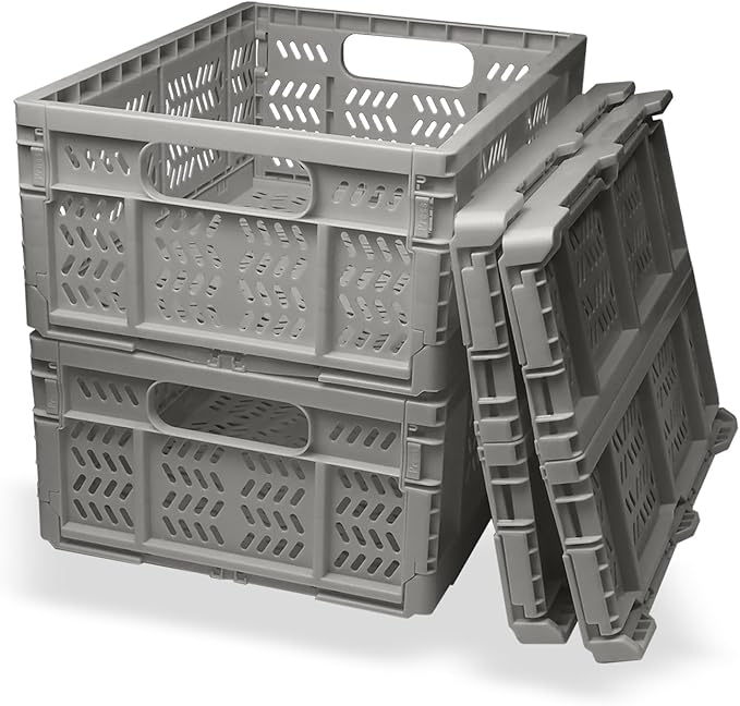 20L Folding Crate, 4Pack Plastic Storage Baskets Organizer for Home and Office,Collapsible Storage Crates for Home Office and