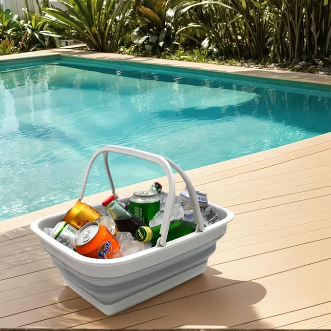 SAMMART SAMMART 9.2L (2.37Gallon) Collapsible Tub with Handle - Portable Outdoor Picnic Basket/Crater - Foldable Shopping Bag - Space Saving Storage Container (1, Grey)
