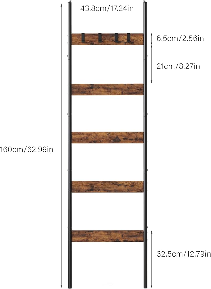 Blanket Ladder, 5-Tier Towel Holder with 4 Removable Hooks, Farmhouse Wall Leaning Decorative Rack Shelf, Wooden Towel Displa