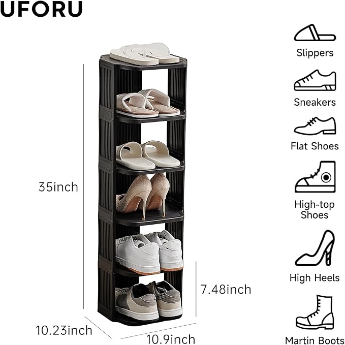 Vertical Shoe Rack, 6-Tier Plastic Stackable Storage Shelf for Small Closets and Narrow Spaces, Compact Free Standing Shoe Ra