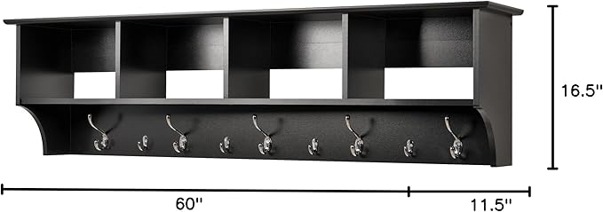 Prepac 60" Contemporary Wall Mounted Coat Rack, Coat Hooks Wall Mount with 4 Shelves, Ideal for Hallway or Entryway Storage S