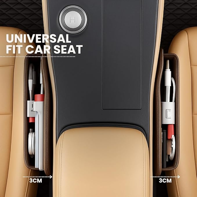 AC4®️ Universal Car Seat Gap Filler Organizer | Premium PU Leather Storage for Car, SUV & Trucks | Car Pocket Organizer for front seat, Cable Slots, Wallet, Sunglasses & Essentials.