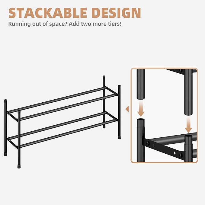 STORAGE MANIAC Long Expandable Shoe Rack, 6 Pairs Metal Wide Stackable Shoe Rack, Adjustable Shoes Shelf, Freestanding Shoes 