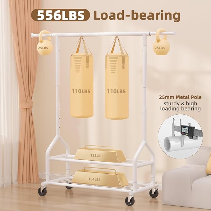 EAGMAK Heavy Duty Clothes Rack Load 556 LBS, Rolling Clothing Rack With Shelves, Height Adjustable Metal Clothes Hanger with 