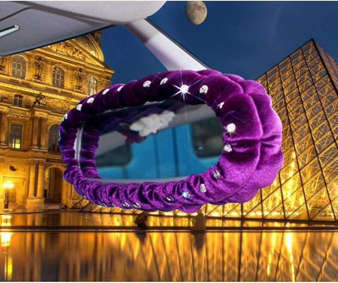 Plush Car Stretchy Rear View Mirror Cover with Bling Rhinestone Decor for Women-Purple