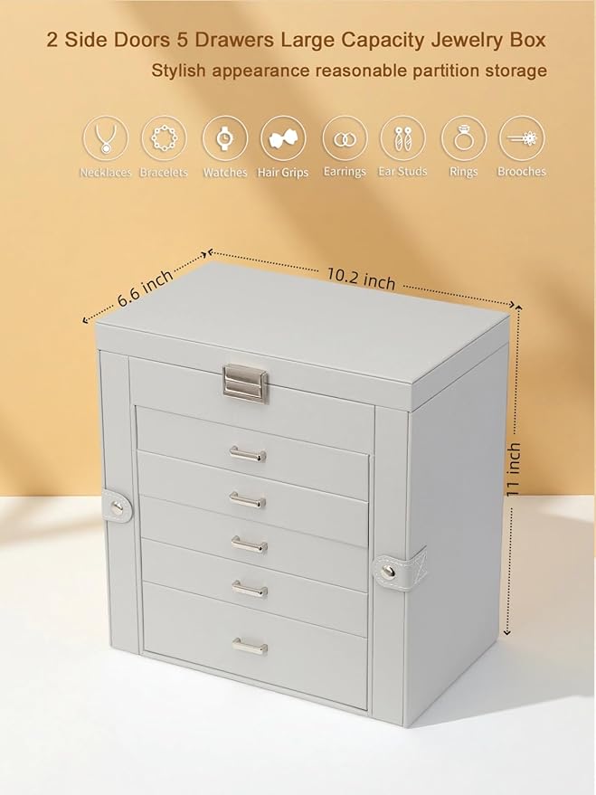 BOOVO Jewelry Box For women, 6 Layer Large Jewelry Organizer With Mirror, Multi-Function Storage Box With Lock, Necklace Hold