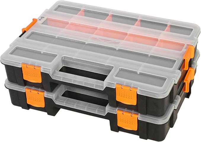 Jack Boss Tool Box with Transparent Lid, Single Side 17-Compartments Organizer Box with Removable Dividers for Hardware, Scre