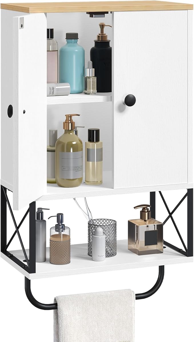 MAHANCRIS Bathroom Wall Cabinet with 2 Door and Adjustable Shelf, Medicine Cabinet with Towel Rack, 3-Tier Wall Mounted Stora