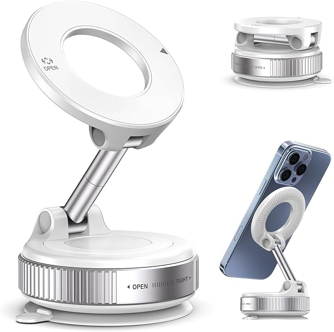 Vacuum Magnetic Car Phone Holder for Magsafe, Hands-Free 360° Adjustable Suction Cup Phone Mount for Car/Gym/Mirror/Smooth Surface, Compatible with iPhone & Android (White)