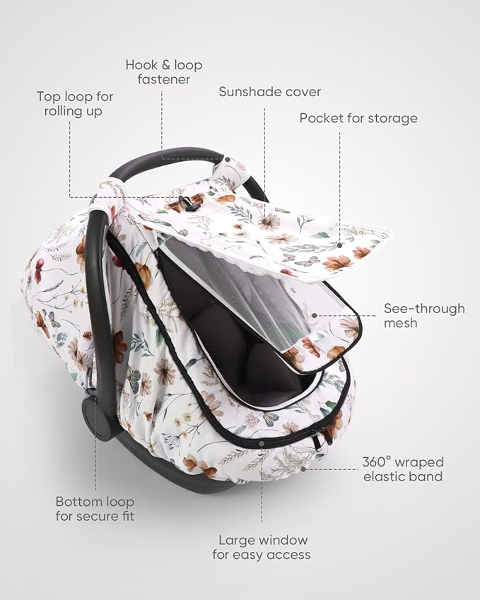 Car Seat Cover Baby Girls, Infant Car Seat Canopy Outdoor, 2 Layers with Mesh and Sun Shade Window for Summer Winter, Easy Ac