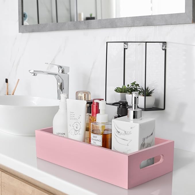 ALELION Pink Bathroom Basket for Organizing - Wooden Toilet Tank Paper Basket with Handle for Back of Toilet Tank Top Organiz