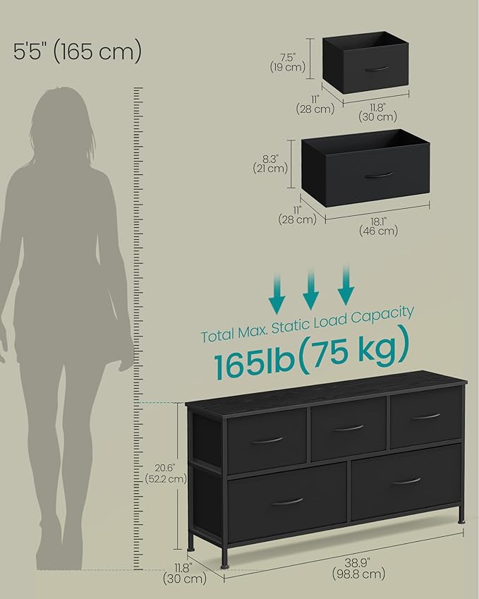 SONGMICS Dresser for Bedroom, Chest of Drawers, Steel, MDF, 5 Non-Woven Fabric Drawers, Storage Organizer Unit, Closet, Entry