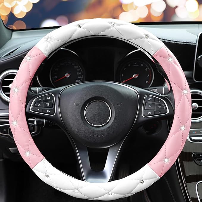 YOGURTCK Cute Diamond Soft Leather Steering Wheel Cover with Bling Bling Crystal Rhinestones, Universal 15 Inch for Women Gir