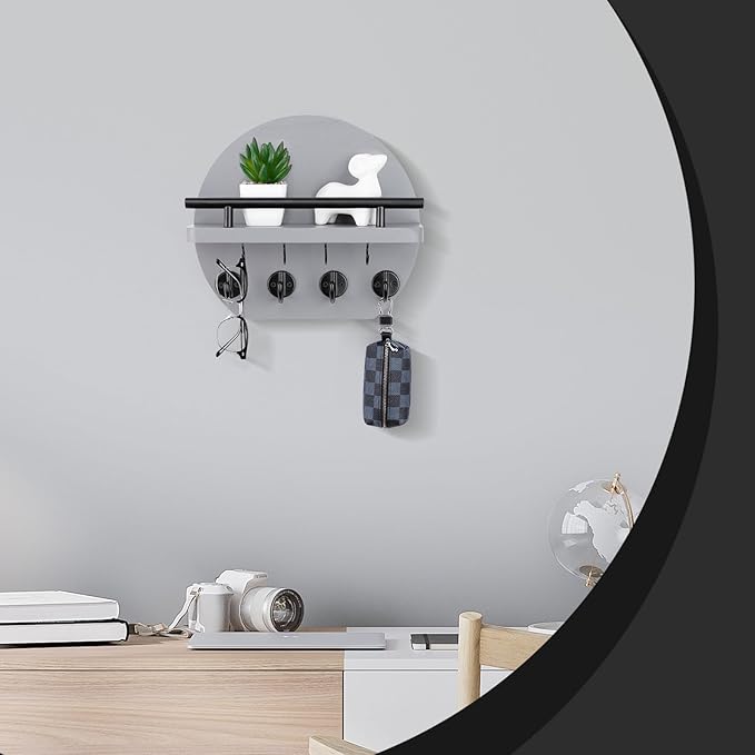 Nekon Key Holder for Wall - 9.8 Inch Apartment Wall Decor with Shelf and 8 Key Hooks, Circular Wood Key Hanger for Home Decor