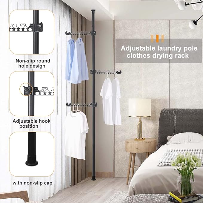 Hershii Telescopic Clothing Rack for Hanging Clothes Laundry Tension Pole 4 Tiers Coat Tree Garment Drying Stand Floor to Cei