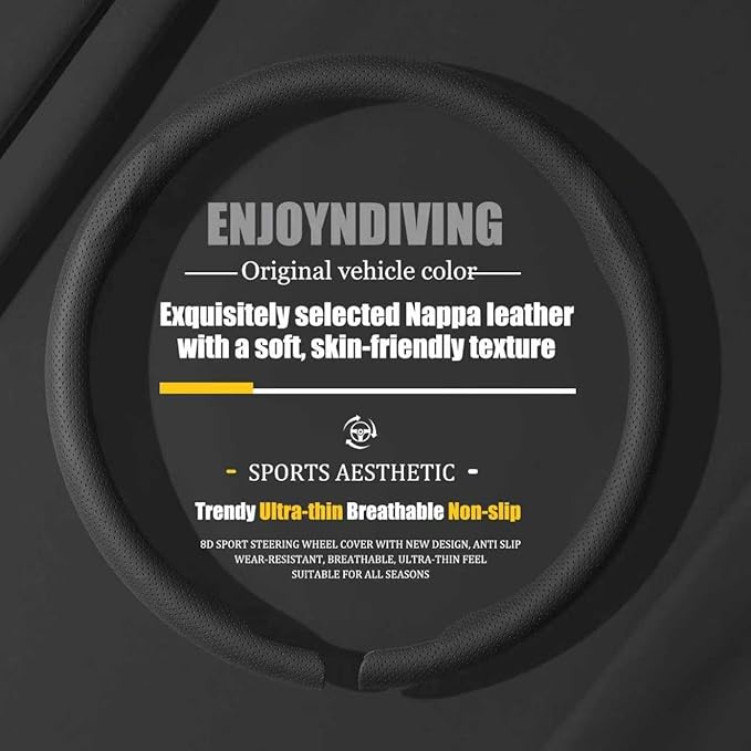Car Leather Steering Wheel Covers Ultra-Thin Breathable Non-Slip Steering Wheel Protector,Universal Fit 14.5 inch -15 inch Wheel,Black