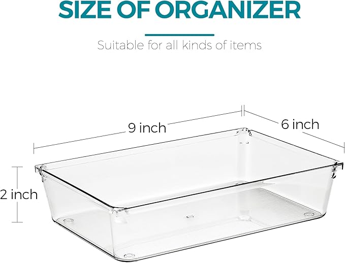 12 Pack Drawer Organizer - 6" X 9" Clear Acrylic Storage Bins with Non-Slip Pads, Versatile Desk Tray for Makeup, Jewelry, Ki