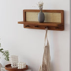 FRIADE PE Rattan Coat Rack Shelf Wall Mounted with 4 Hooks, Decorative Coat Hook Rack with Floating Shelf for Entryway, Nurse