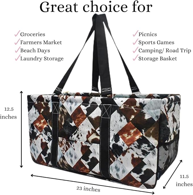 NGIL Extra Large Utility Tote Reusable Grocery Bag Oversized Collapsible for Groceries, Storage, Picnic, Beach (Cow Tile Print-Black)