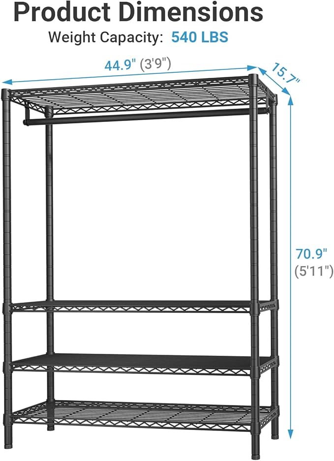 VIPEK V1 Plus Heavy Duty Clothes Rack with Shelves - 4 Tiers Adjustable Height | Holds Up to 540lbs | Perfect for Small Space