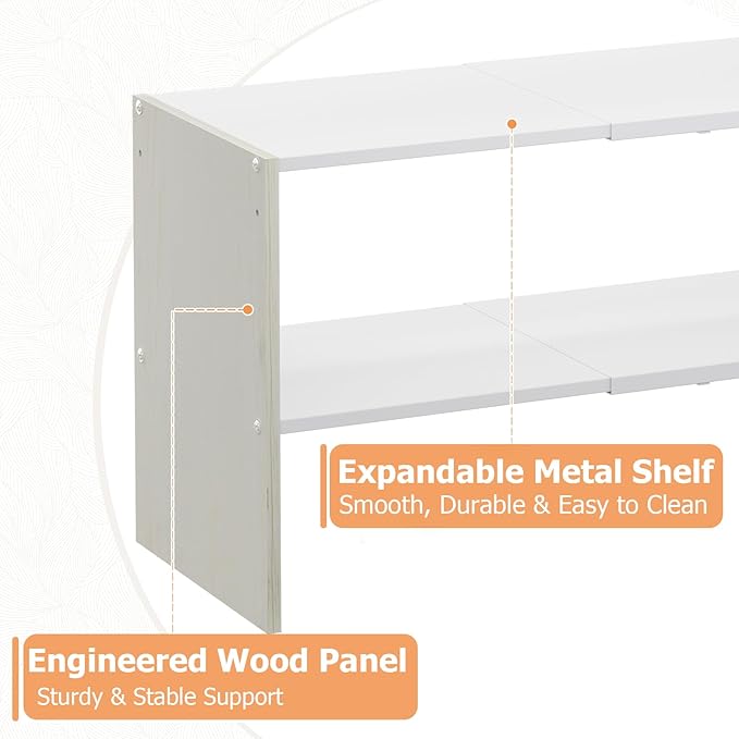 X-cosrack 2-Tier Shoe Rack Organizer for Closet, Expandable and Adjustable White Shoe Rack, Stackable Iron Wood Combination S