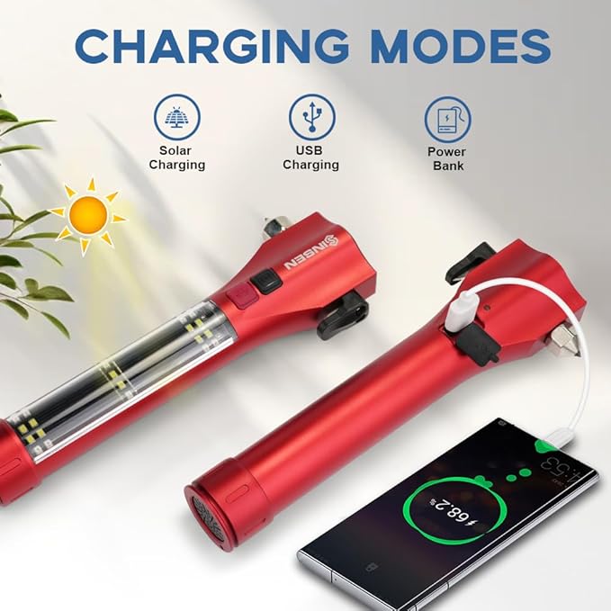 SINSEN Emergency Flashlight for Car, Seatbelt Cutter Window Breaker, 16-in-1 Multifunctional Safety Tool—Glass Hammer/Bright 